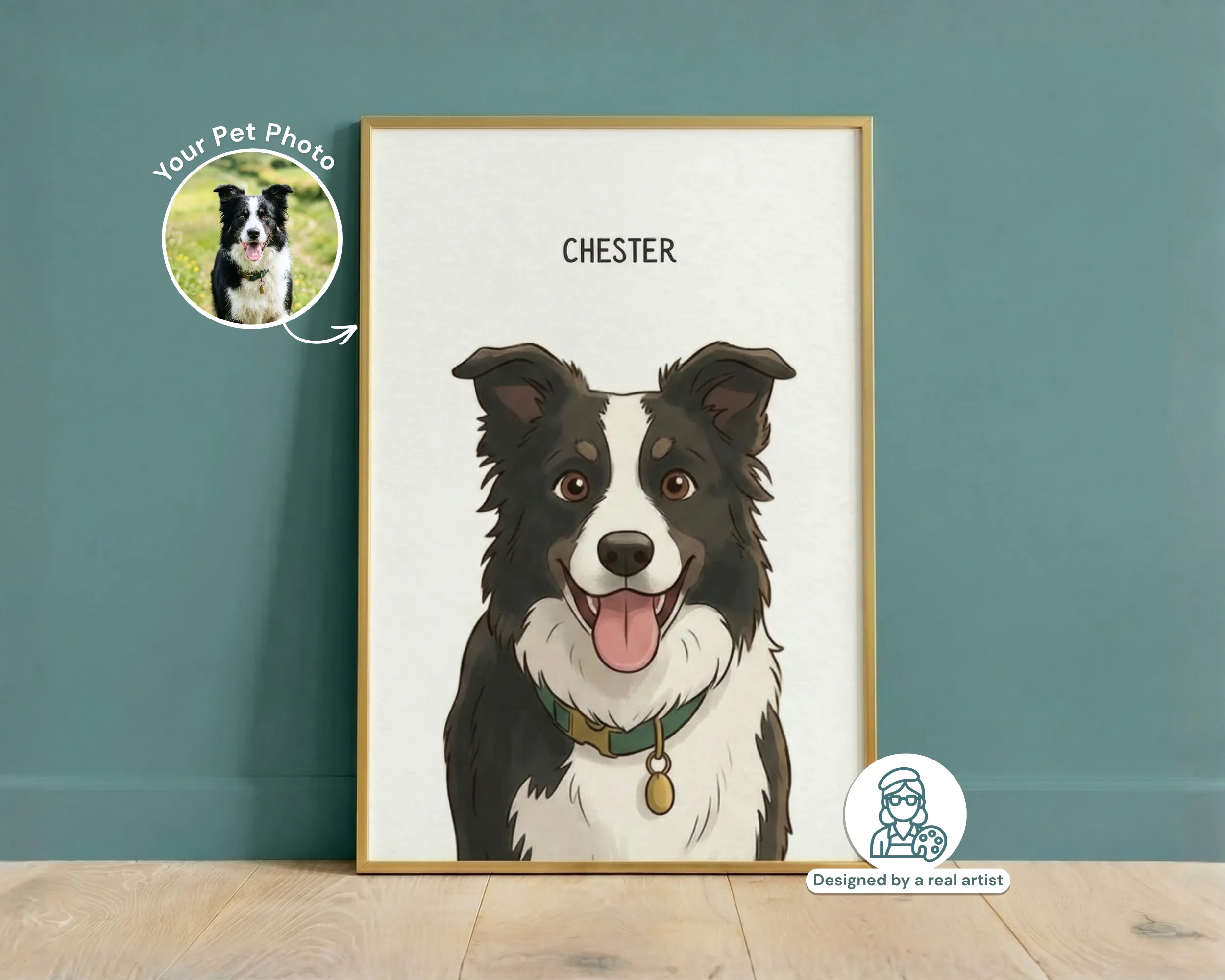 Cartoon dog portrait in a natural wood frame beside the original pet photo