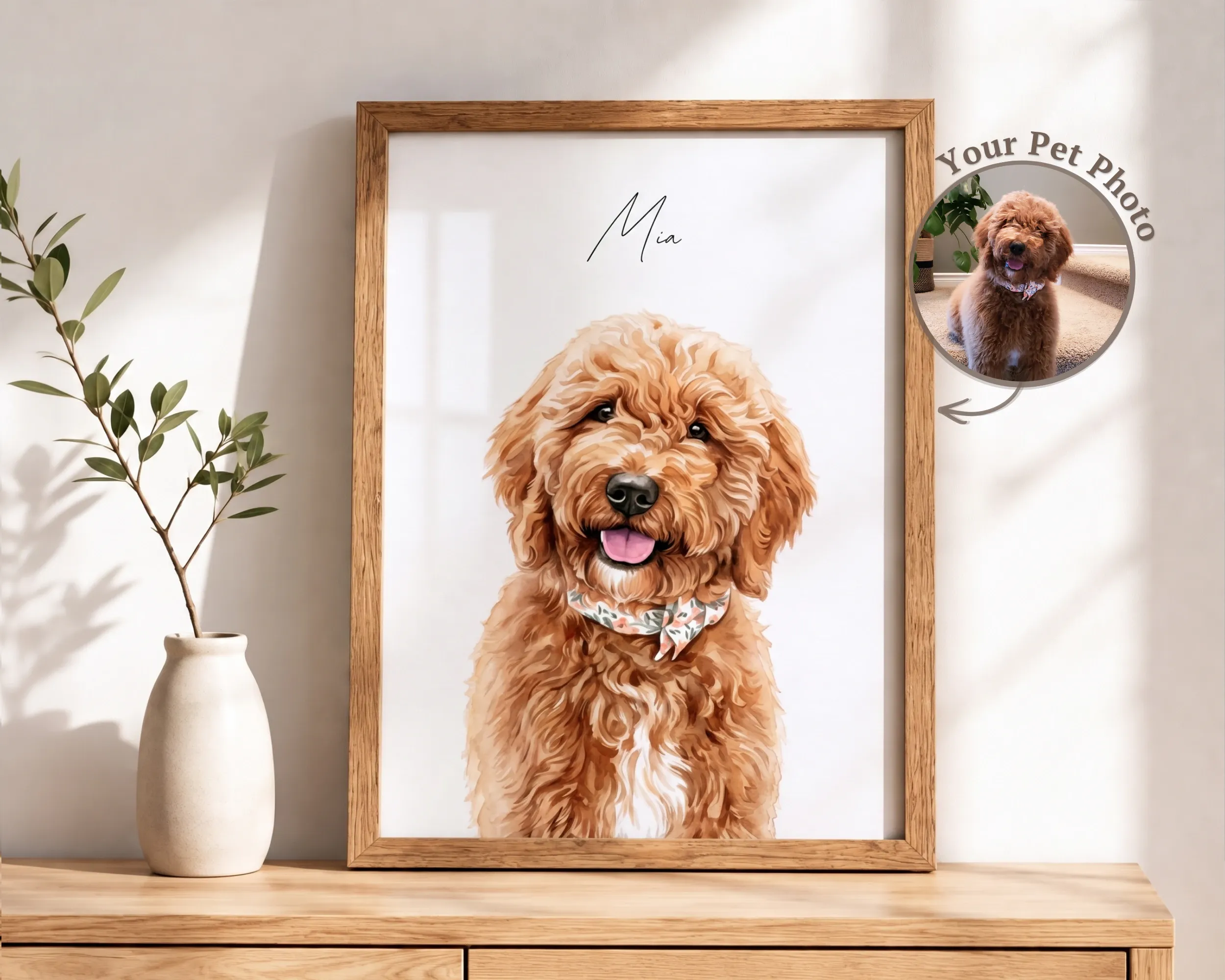 Classic Watercolor pet portrait in a natural wood frame beside the original pet photo