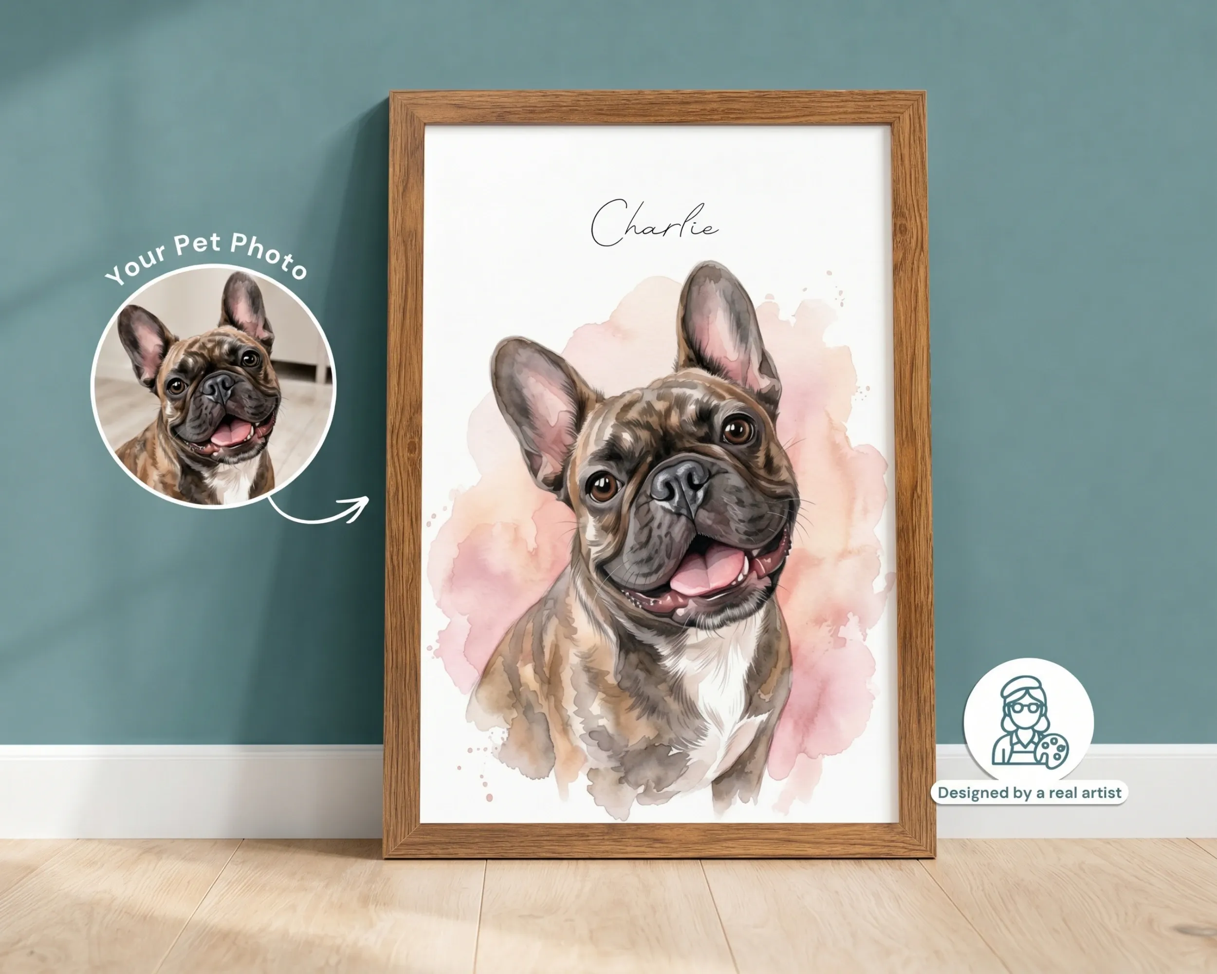 Colour Bloom pet portrait in a natural wood frame beside the original pet photo