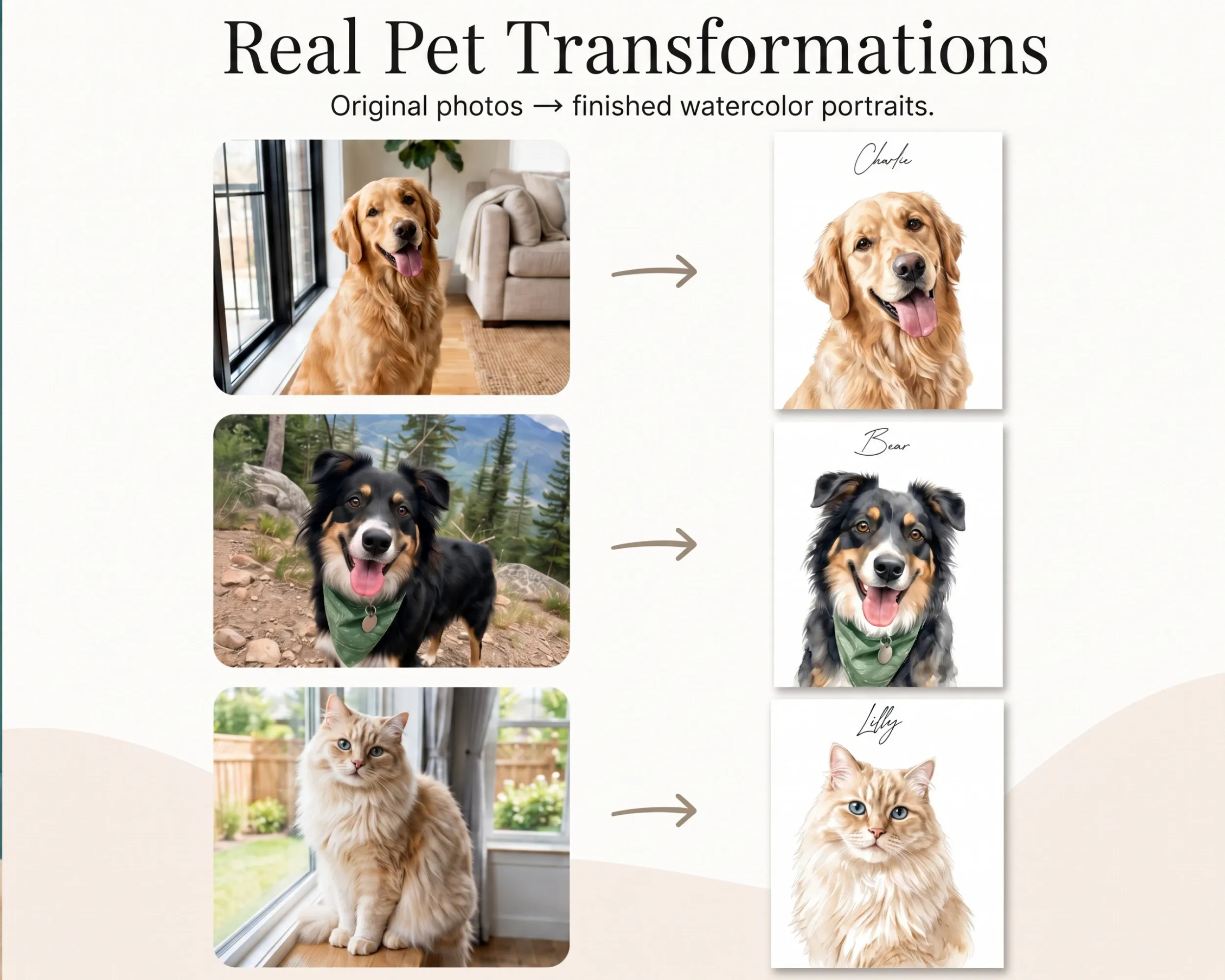 Before-and-after pet photo transformations into Classic Watercolor portraits