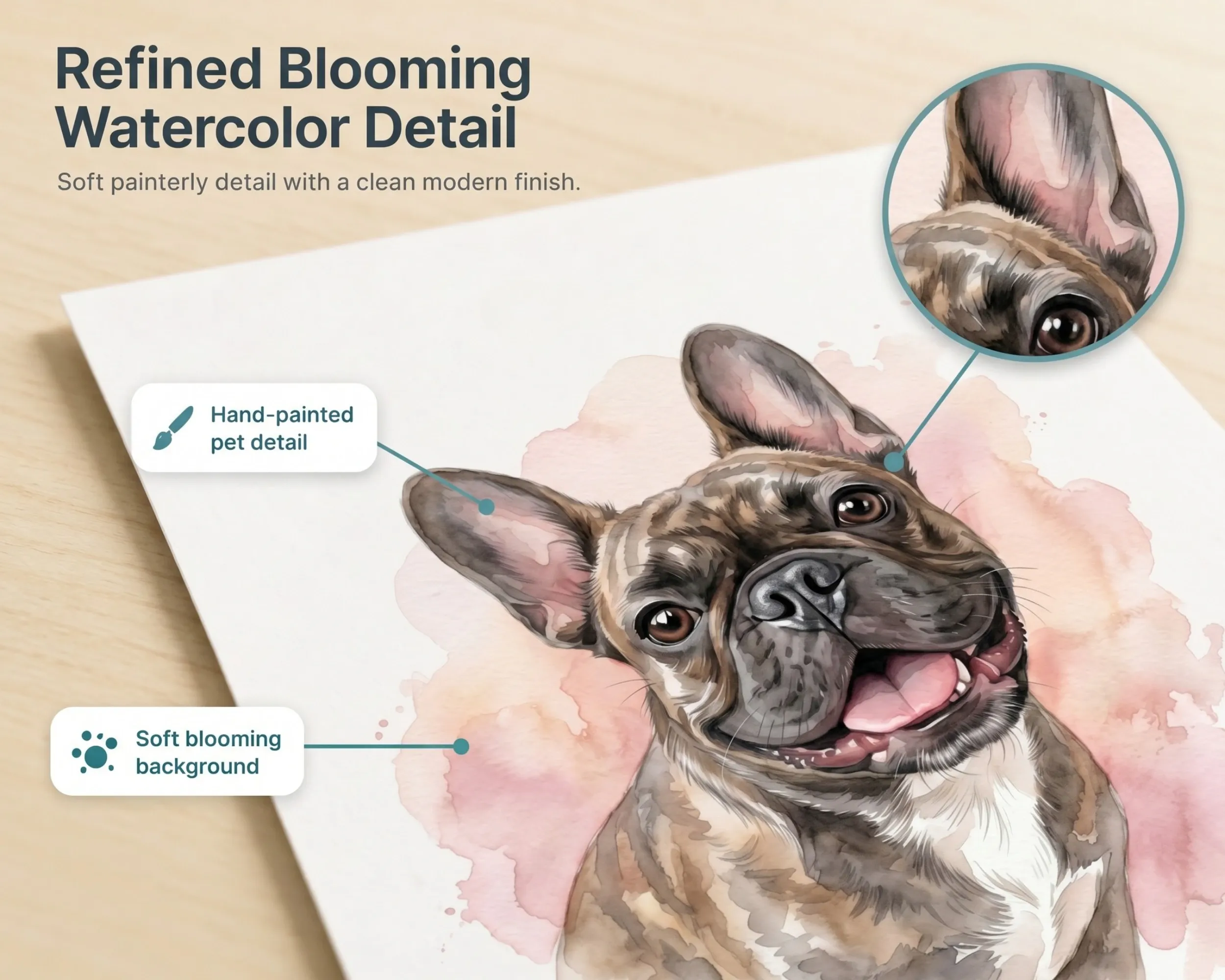 Close-up of a Colour Bloom dog portrait highlighting pet and background details