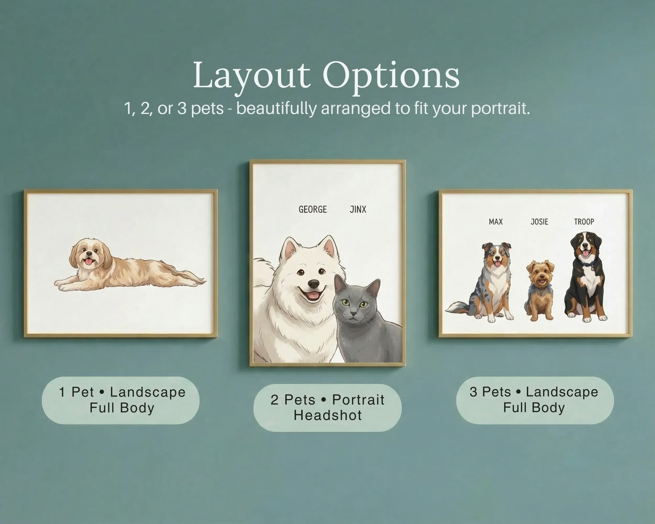 Cartoon portrait layout options for one to three pets